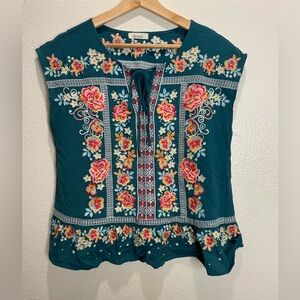 Faveur Women’s Teal Floral Embroidered Tie-Front Blouse Size Large Boho